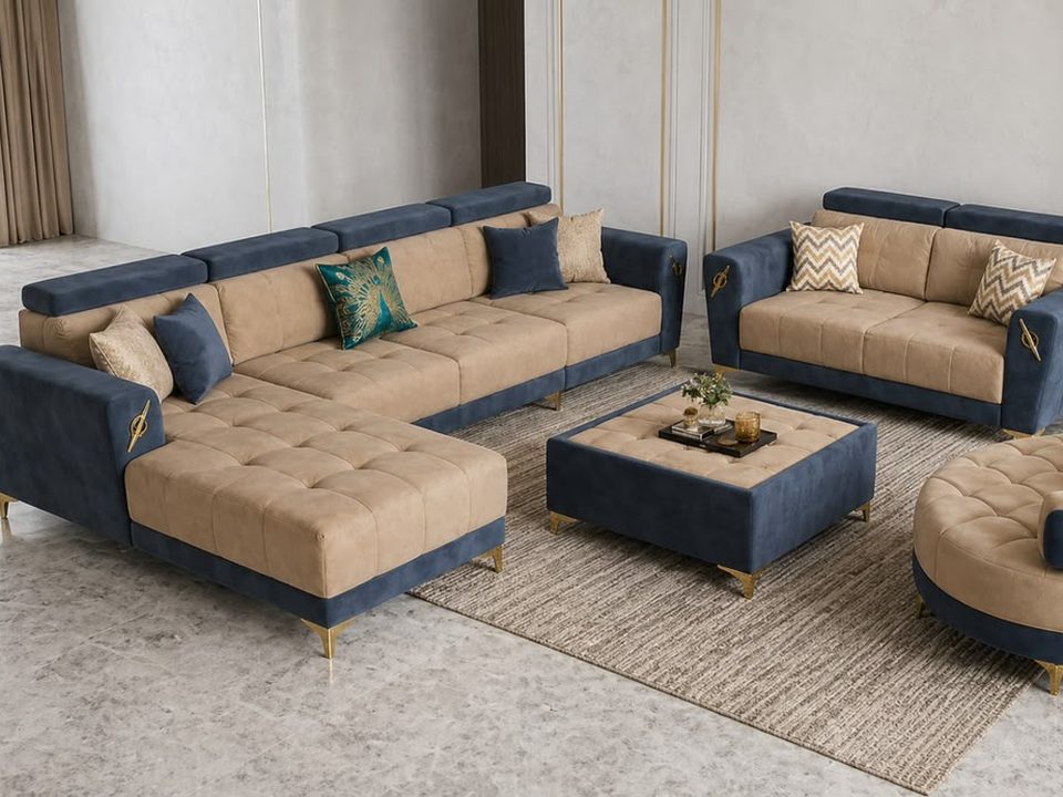 Salon d'angle marine et beige